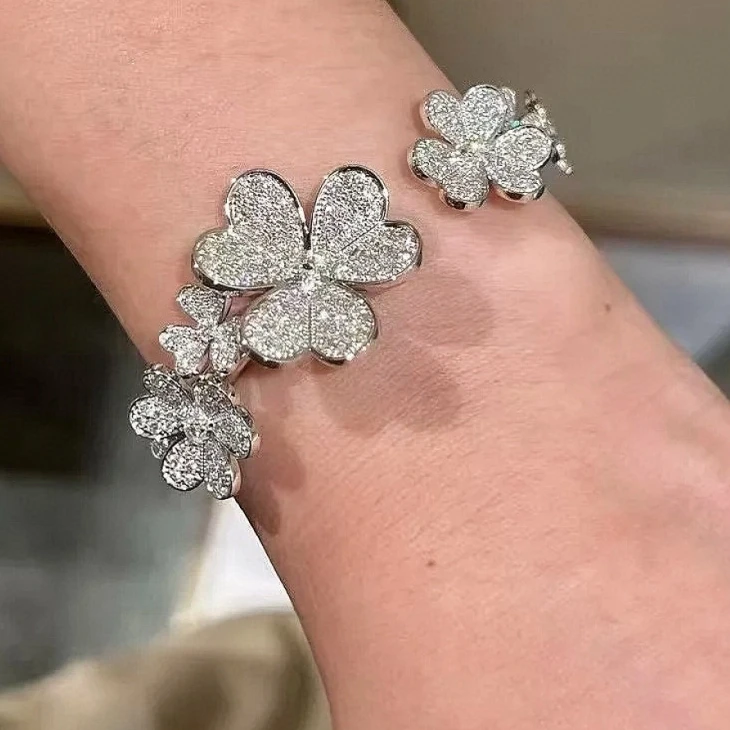 New Italy Craft 925 Sterling Silver With Three Leaf Cuff Bangle Bracelet or Ring Luxury Designer Fine Jewelry For Women Wedding