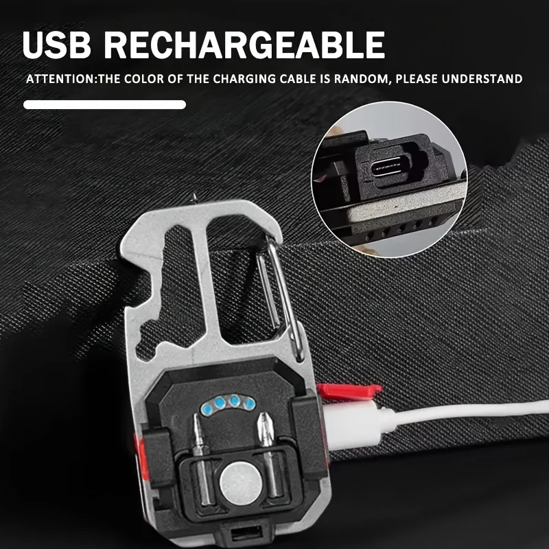 Mini Multifunctional Keychain Light with Wrench Screwdriver Safety Hammer Rechargeable COB LED Flashlight for Camping Hiking