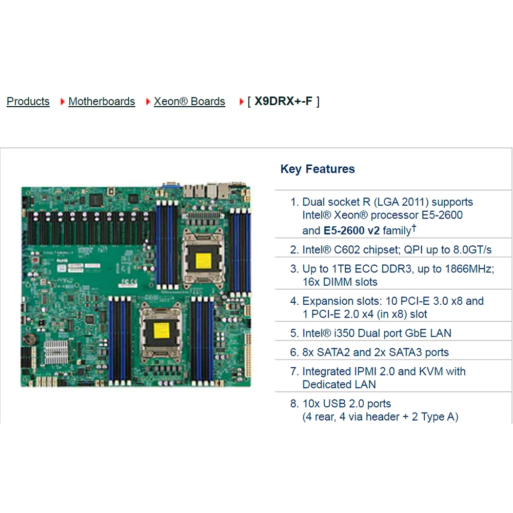 X9DRX+-F For Supermicro Two-way Server ATX Motherboard LGA 2011 Intel C606 DDR3 Xeon E5-2600 and E5-2600 v2 Family PCI-E 3.0