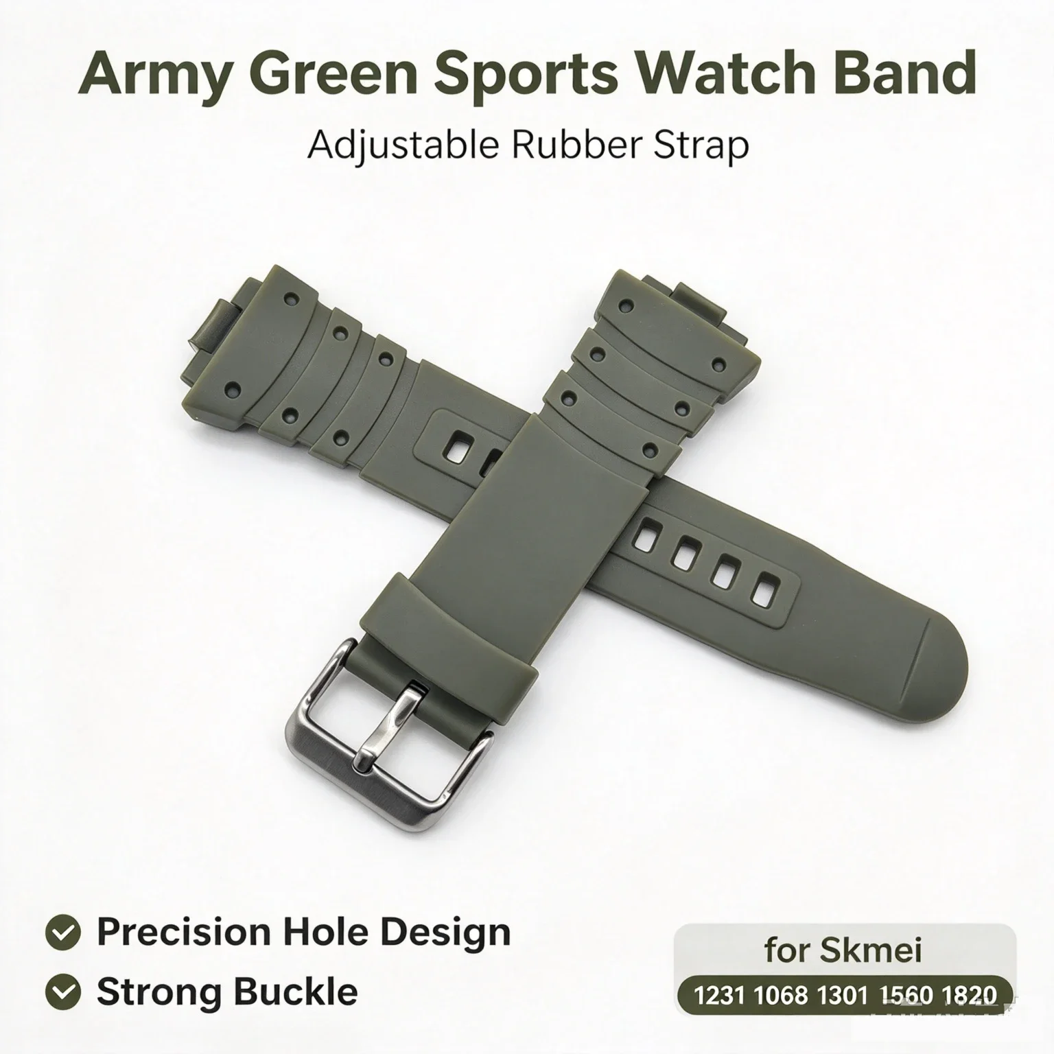 Adjustable Sports Watch Wristband Replacement Strap for Skmei 1820/1231/1068/1301/1560 Silicone Band,1 Set,Black & Army Green