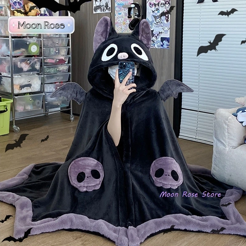 

Kawaii Cartoon Bat Y2k Blanket Plush Pajamas Anime Cloak Costume Halloween Cloak For Adults Winter Ponchos Women Hooded Cape