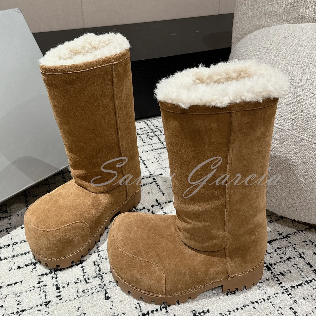 

Big Round Toe Chunky Heel Knee High Boot Women Winter Warm Fur Suede Latest Novelty Non-Slip Snow Boot Runway Shoes for Men