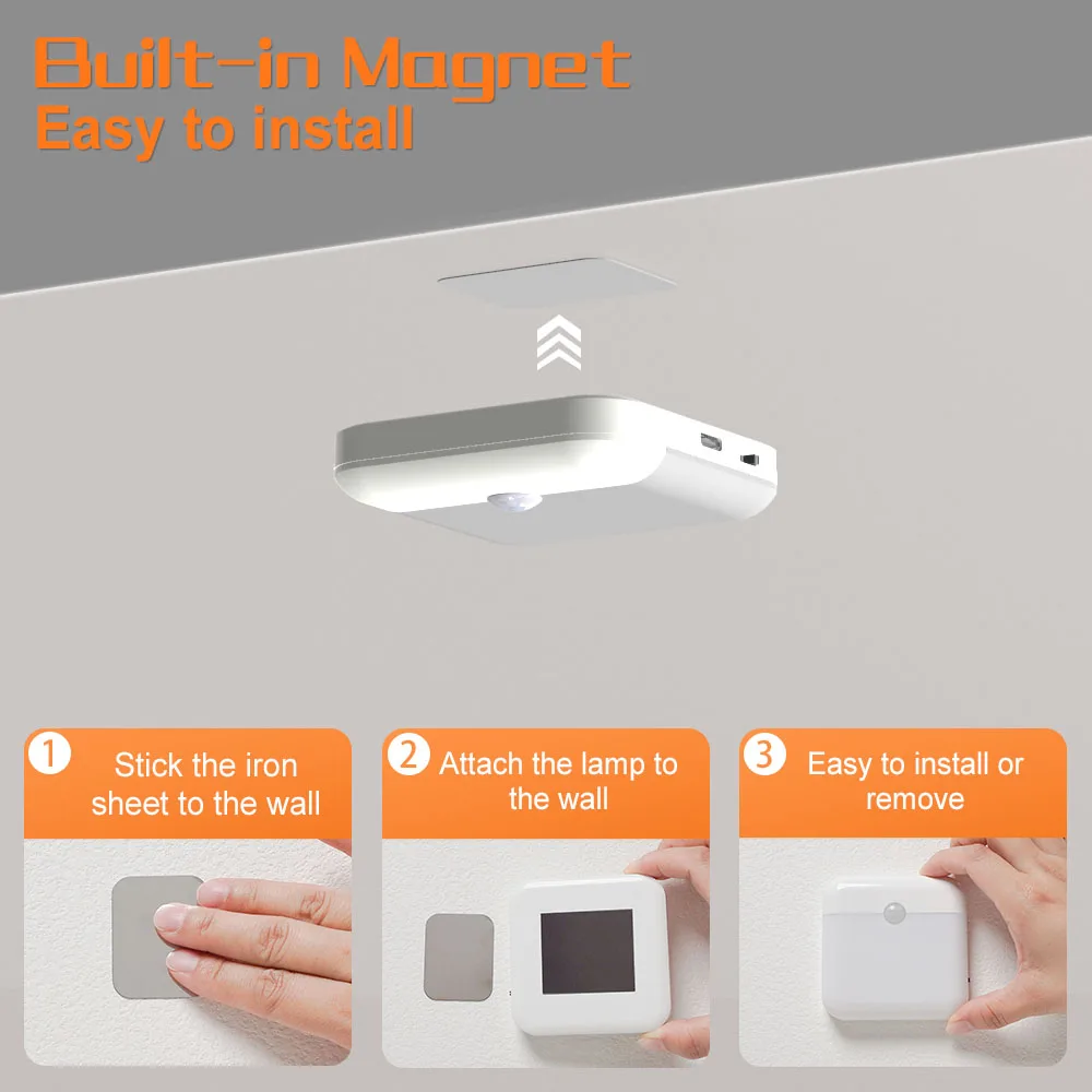 Motion Sensor Light Led Usb TYPE-C Charging Square Lamp for Bedroom Kitchen Stair Hallway Wardrobe Cupboard Lighting Night Light