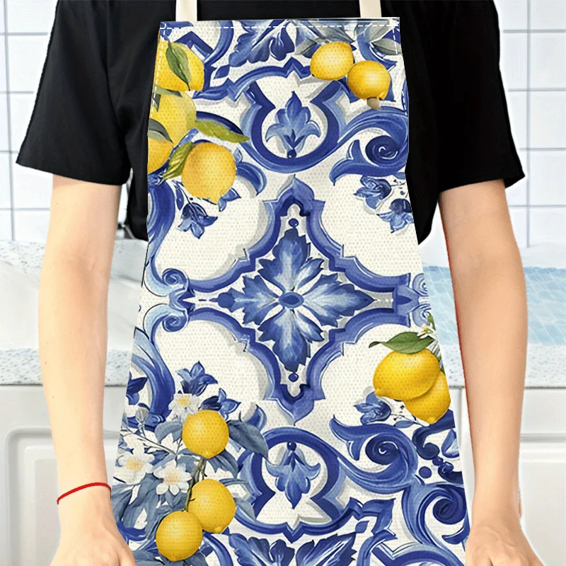 Blue and White Lemon Tile Pattern Linen Apron, Gift for Women