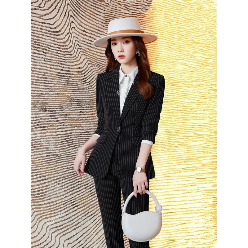 Striped Women Formal Pant Sets 2024 New in White Sleeve Blazer + Trousers Suit Elegant Ladies Office Female Business 2 Piece Set