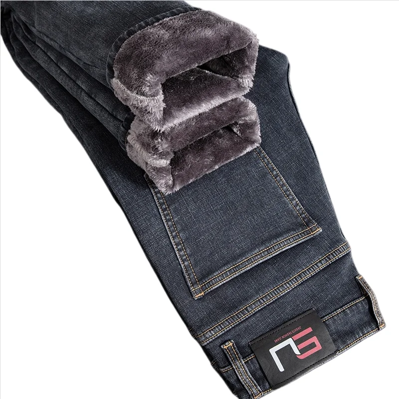 2026 Winter New Fleece Thick Cold-Resistant Warmth Men's Slim Straight Cotton Stretch Jeans Classic Retro Business Casual Pants