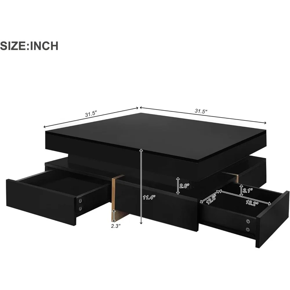 Modern Coffee Table with Contemporary Square Coffee Table，Storage,  with Drawers, High Gloss Modern Center Table for Living Room