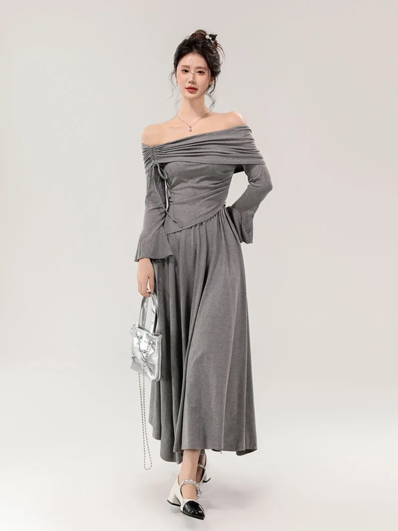 Lazy Style 2 Piece Sets Women Slash Neck Drawstring Long Sleeve Tops + High Waist Skirt 2025 Spring Autumn New Trendy Suit image 2