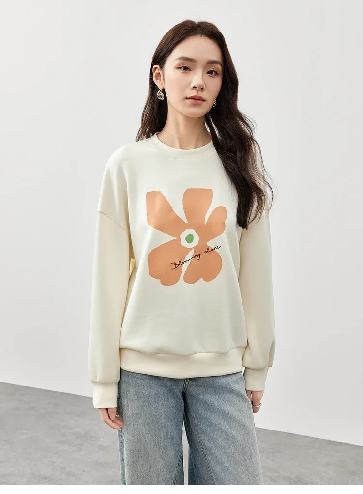 SENTUBILA Embroidery Knitted Sweatshirt for Womens Spring 2025 Casual Loose Printing O Neck Long Sleeve Pullovers 151A58386