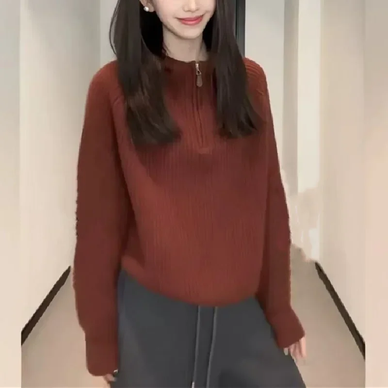 خريف شتاء جديد وصول مريحة أعلى فضفاضة طويلة الأكمام سستة هوديي المرأة محبوك سترة عارضة نمط لون نقي