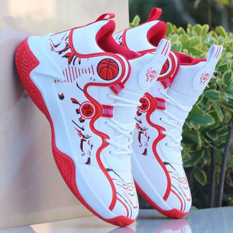 

Professional Men's White Red Basketball Shoes Waterproof Basketball Sneakers Anti-skid High-top Couple Man Basketball Boots