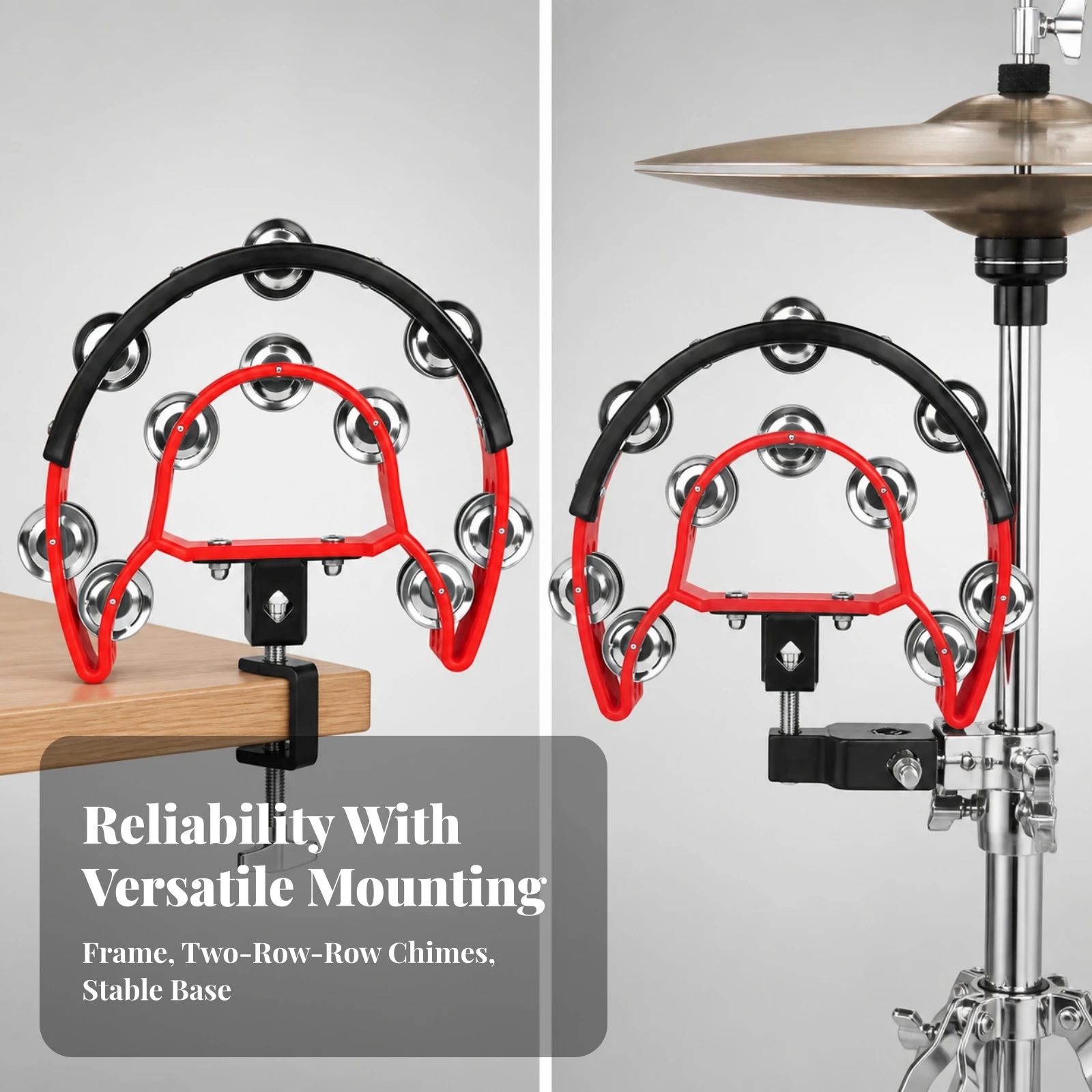 Hand Held Tambourine with Metal Cymbal Discs Easy to Play Semicircular Tambourine with Handle Bright Sound Professional Size