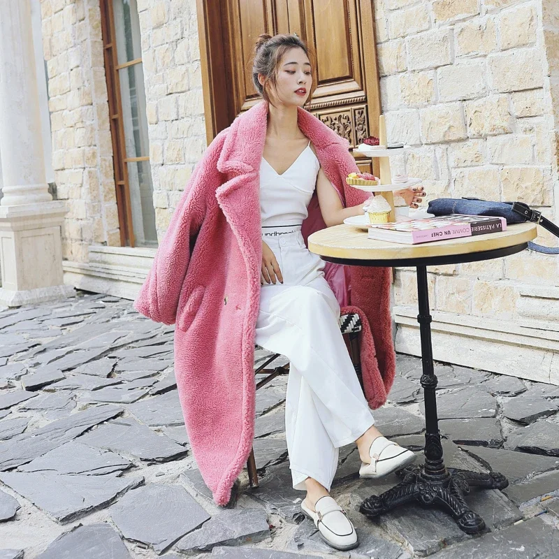 Jaqueta feminina de imitação de pele solta integrada, trench coat médio longo, maré espessa, lã de cordeiro grande, roupas femininas, outono inverno 2022