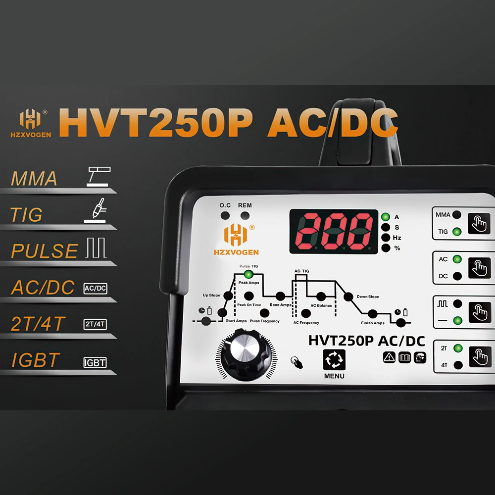 HZXVOGEN  AC/DC HVT250P Aluminum Tig Welding Machine MMA ARC Stick Welder Tools IGBT Inverter 2T 4T Soldador With Pulse