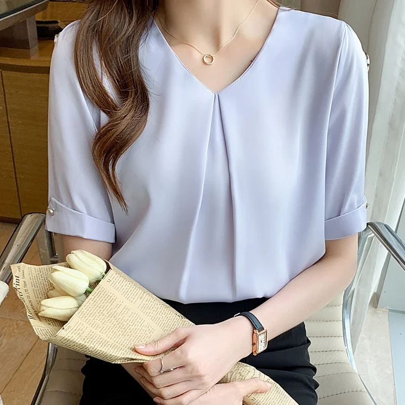 Summer Short Sleeve Women Blouse Casual V-Neck White Chiffon Blouse Shirt Women Tops Blusas Mujer De Moda 2024 Verano Blusa F456