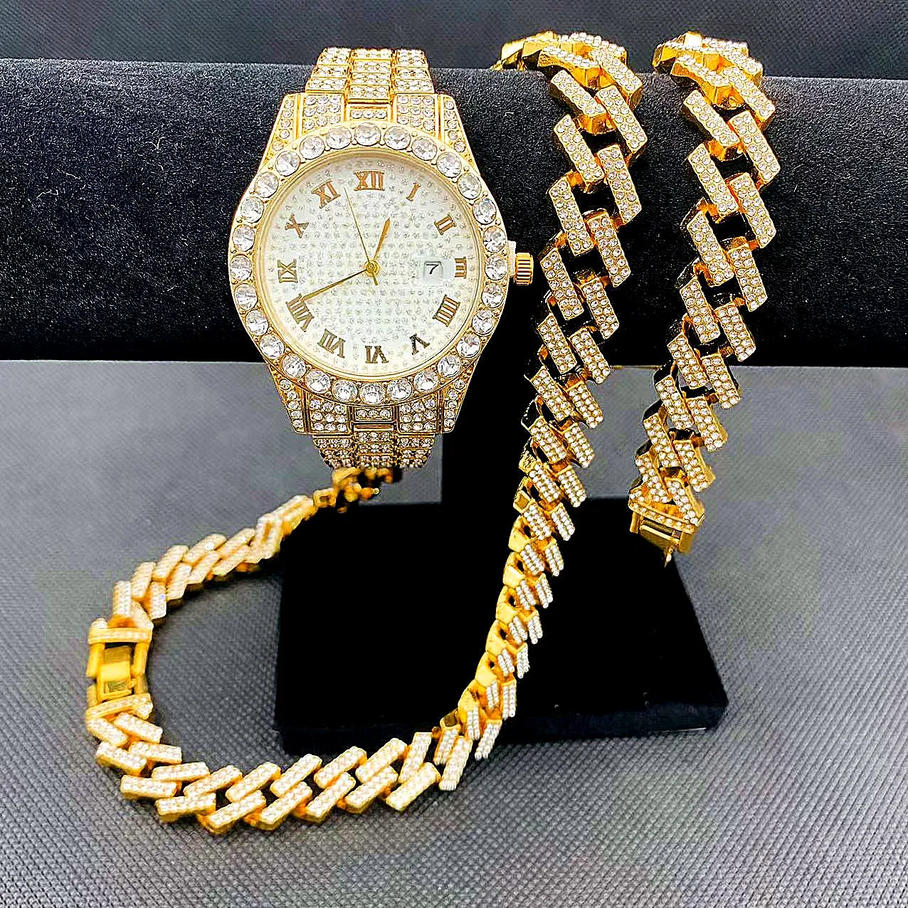 

3PCS Hip Hop Jewelry for Men Women Iced Out Watch Necklace Bracelet Miama Cuban Chain Choker Diamond Mens Jewelry Gold Watch Set