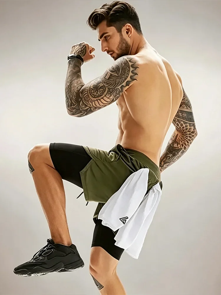 Herren 2-in-1 Schnelltrocknende Sportshorts mit Wolfs-Pfoten-Muster, Kompressionsfutter, für Fitnessstudio, Laufen, Training, Fitness, kurze Hosen W002 – Detail 9