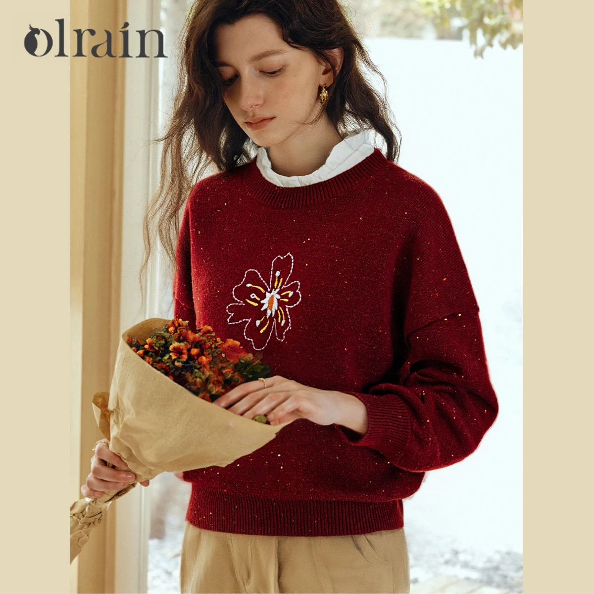 OLrain Women Knit Sweater Floral Jacquard Contrast Color Beading Loose Cozy 2026 Winter Casual Pullover Daily Tops O57DM002620