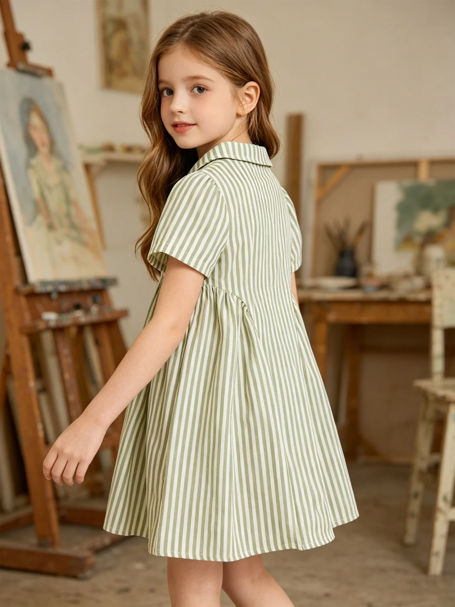 Summer Girls Casual Dresses Child Lapel Short Sleeve Front Button Striped A-line Dress with Neck Tie Set for School Graduation