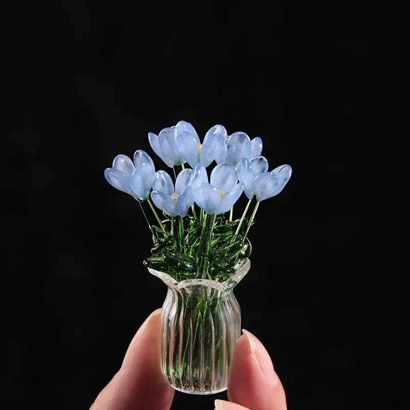 1 Stück Mini Handgeblasener Glas-Blumenstrauß mit Vase, Handgefertigte Florale Skulptur Kunstdekoration für Heim & Raumdekoration