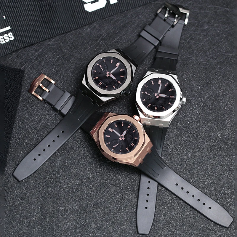 GMAS2100 Mod Kit For GMA-S2100 Watch Stainless Steel Metal Case Bezel fluoro Rubber Strap Band With GMA-S2100 Refit Accessories