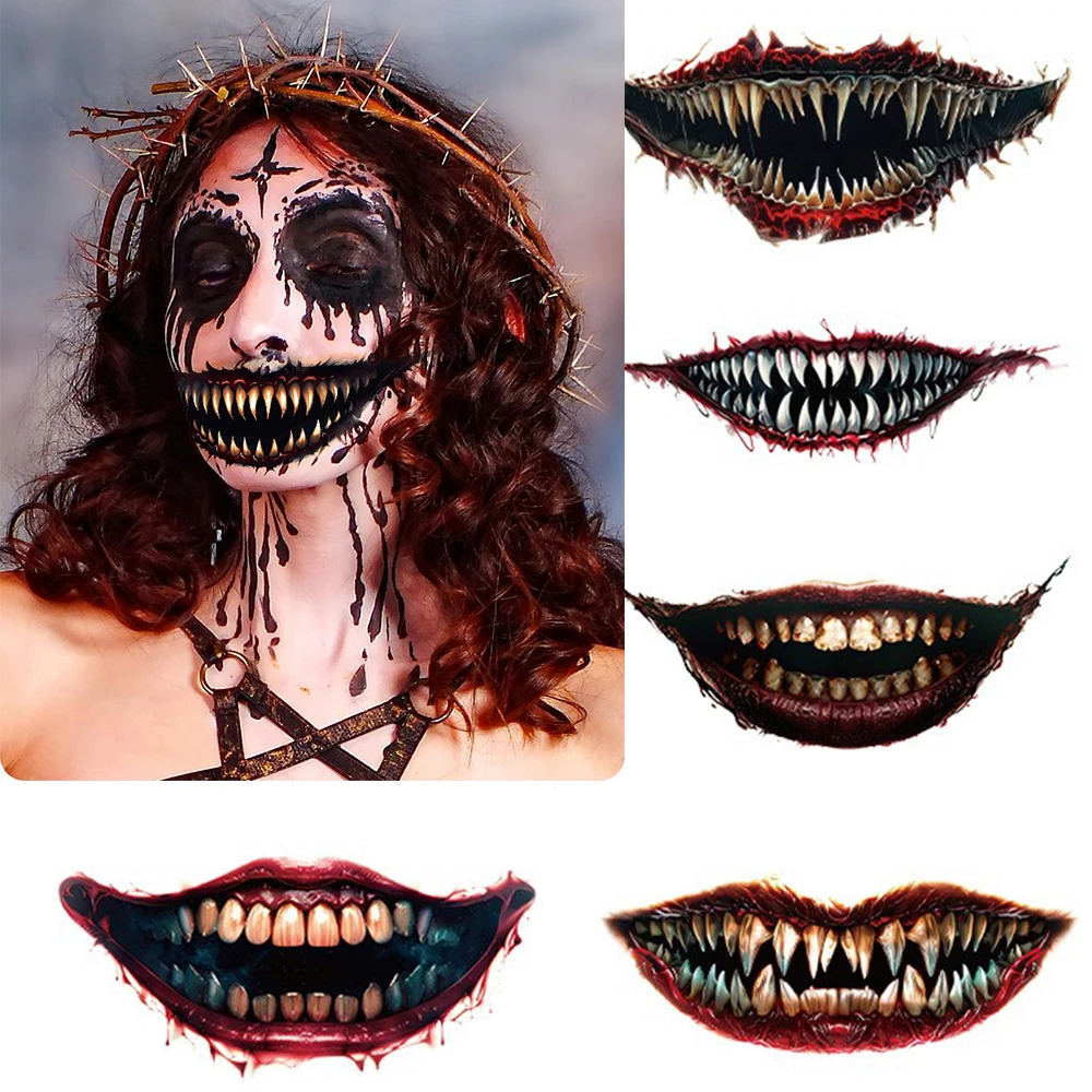 1/20PCS Halloween Haunted House Horror Thriller Big Mouth Tattoo Sticker Costume Party Face Sticker Suitable for Holiday Party