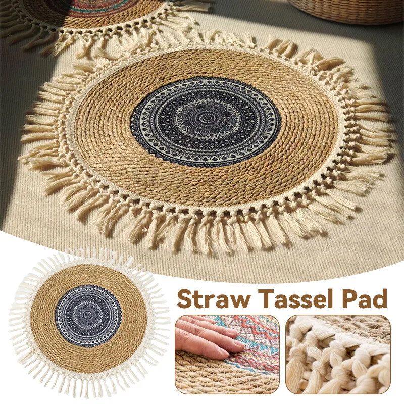 

Straw Tassel Mat Round Single Layer Thin Mat Bohemia Style Futon Meditation Worship Carpet Home Decoration Room Door Mat