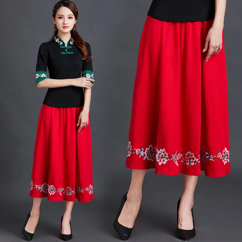 Ethnic Hanfu Skirt Vintage Chinese Style Printed Elastic Waist Women Dance Costume Cotton Linen Embroidered Elegant Black Red