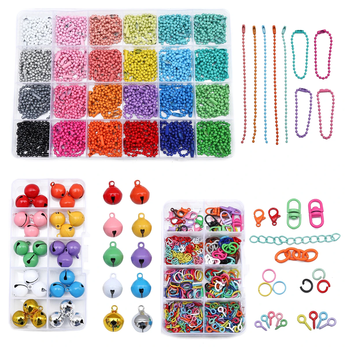 

Multi-Size (8/10/24 Grid) Spray-Painted Bell Iron Bead Chains for DIY Jewelry Making - Keychain/Earrings Craft Kit, 30pcs Materi