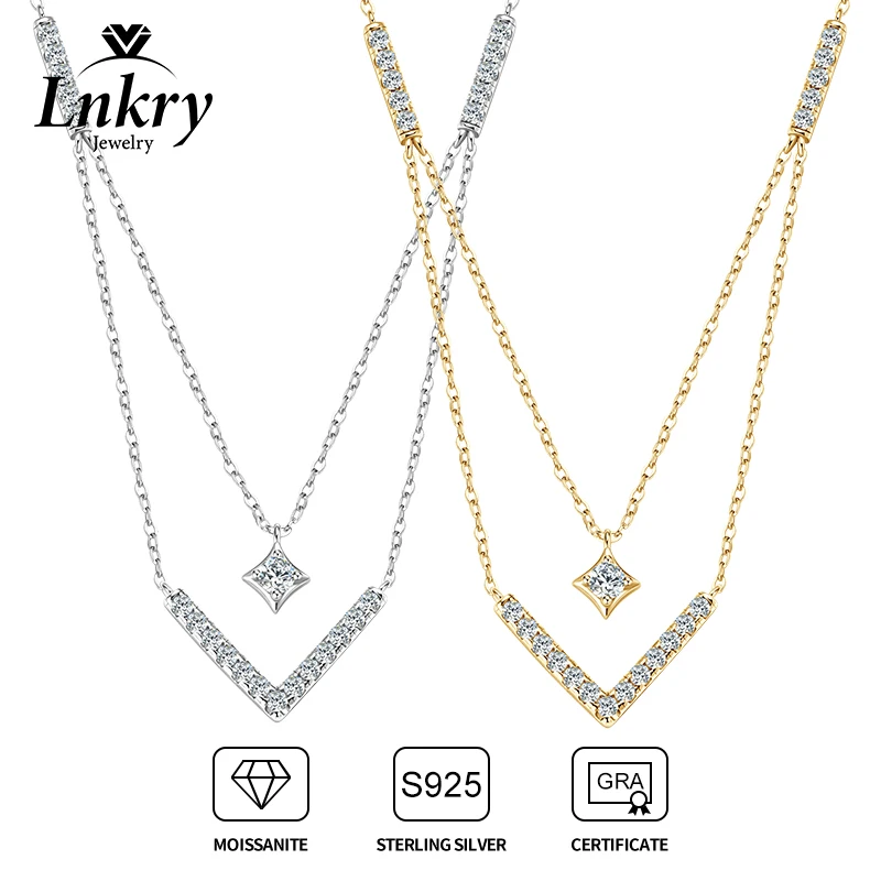 

Lnkry GRA Certified 3mm&1.8mm Moissanite Necklace 925 Sterling Silver V-shaped Pendant Necklaces For Women Girls Trend Jewelry