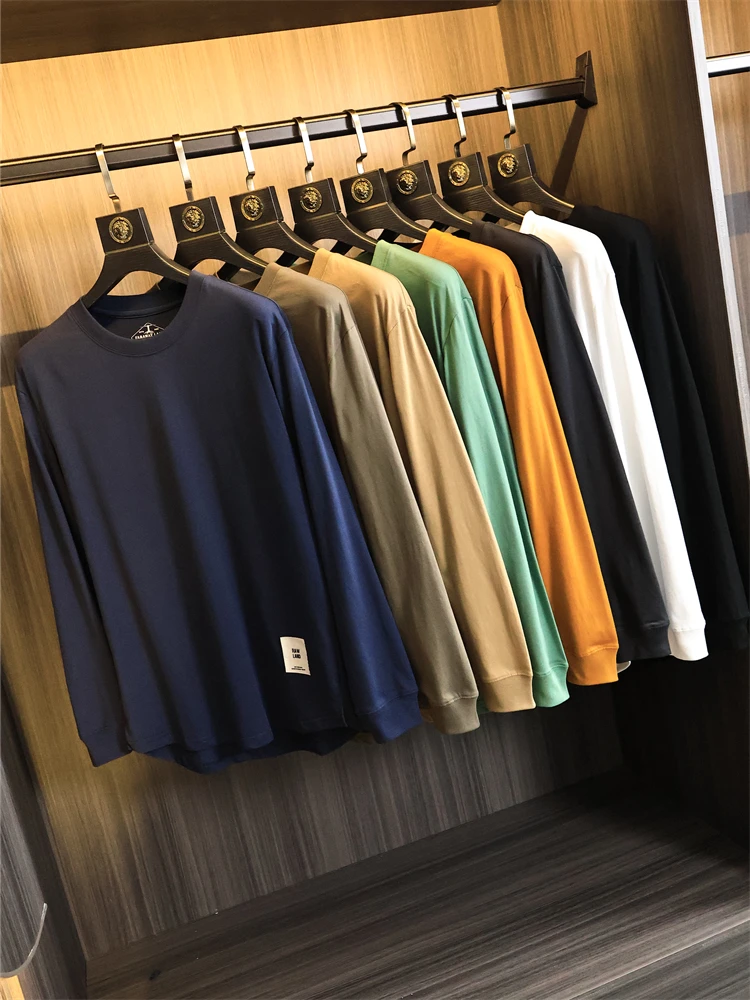 Candy Colored Long Sleeve Pure Cotton T-Shirt Retro Washed round Neck Spring Men's Fashionable Loose Fit for All Ages