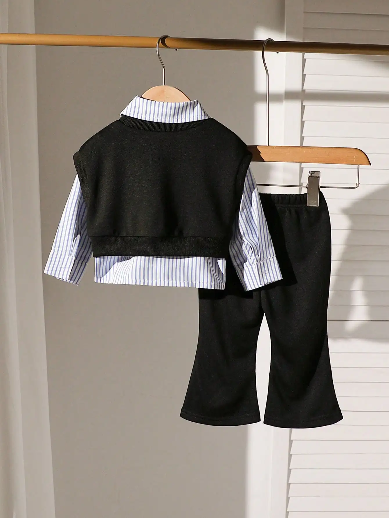 Two piece set of baby girl heart embroidered sleeveless vest and striped long sleeved shirt with flared pants, casual college st