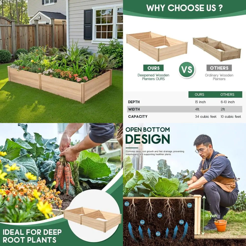 

8x4 Feet Wood Raised Garden Bed with 15 Inch Depth for Growing Vegetables, Herbs, and Flowers Outdoors
