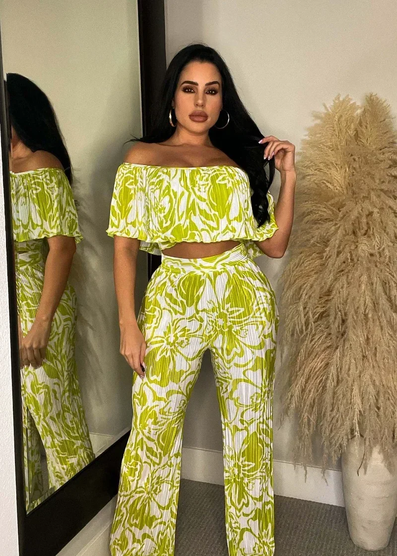 

GUWU Floral Pleat Women's Set Off Shoulder Butterfly Sleeve Crop Top and Wide Leg Pants Two 2 Piece Set Summer Tracksuit