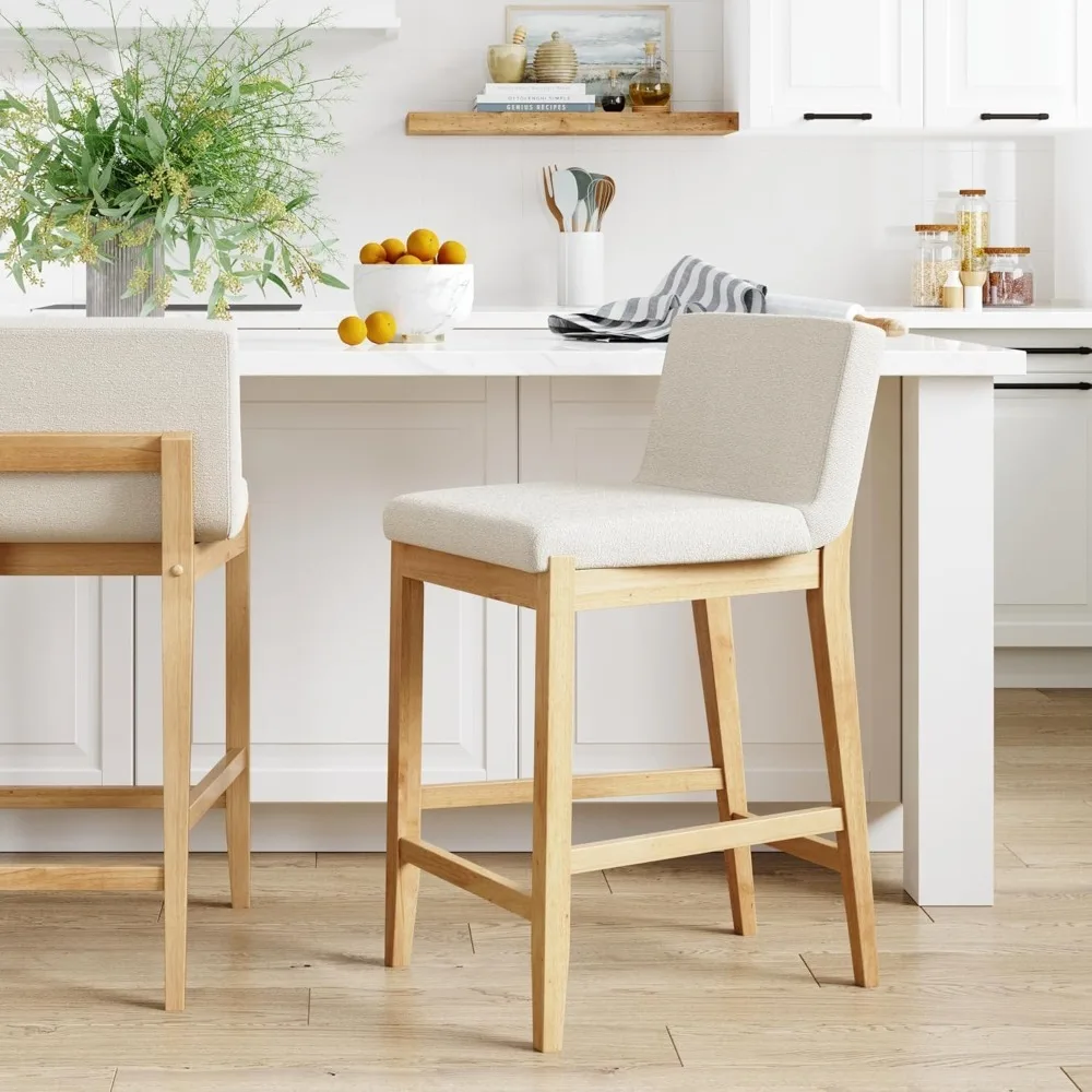 

Modern Counter Height Bar Stool With Back, Counter Stool Upholstered Chair With Natural Textured Linen And Brushed Woode