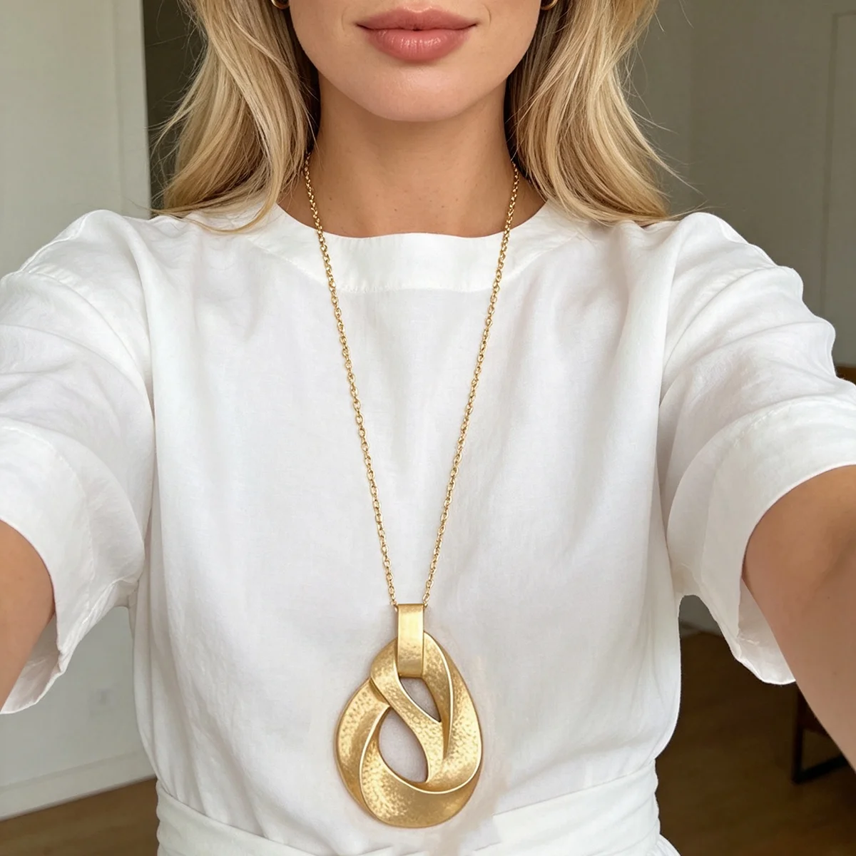 Oversized Swirl Vortex Matt Gold Color Boho Tribal Style Pendant On Long Adjustable 34