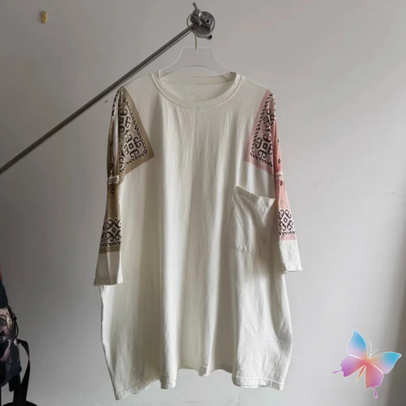 

Футболка Kapital большого размера в стиле пэчворк, винтажная уличная летняя футболка в стиле хип-хоп унисекс с открытыми плечами и короткими рукавами, мужские и женские топы с круглым вырезом