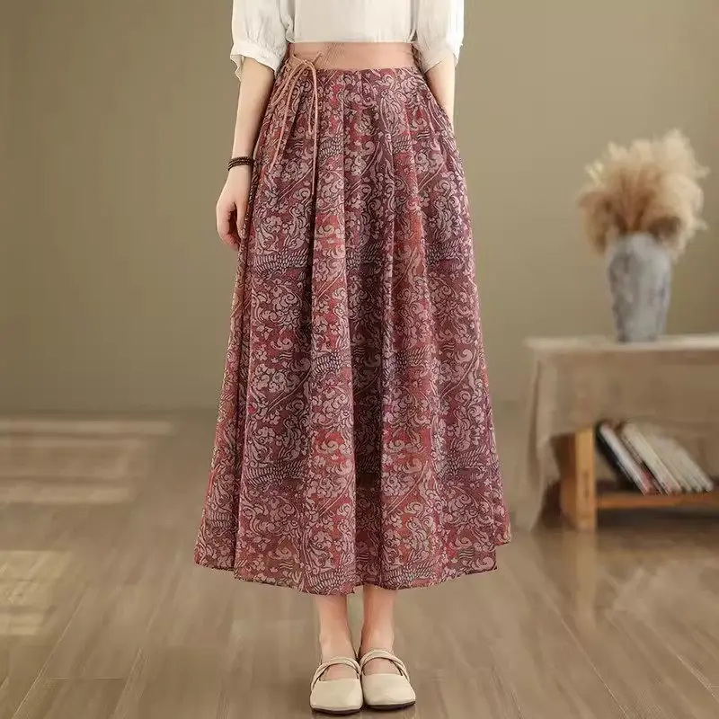 Linen Skirt Floral Women's Spring/Summer 2024 New Retro Printed Spring Summer Cotton And Linen Skirt Elastic Waist Saia Z4790