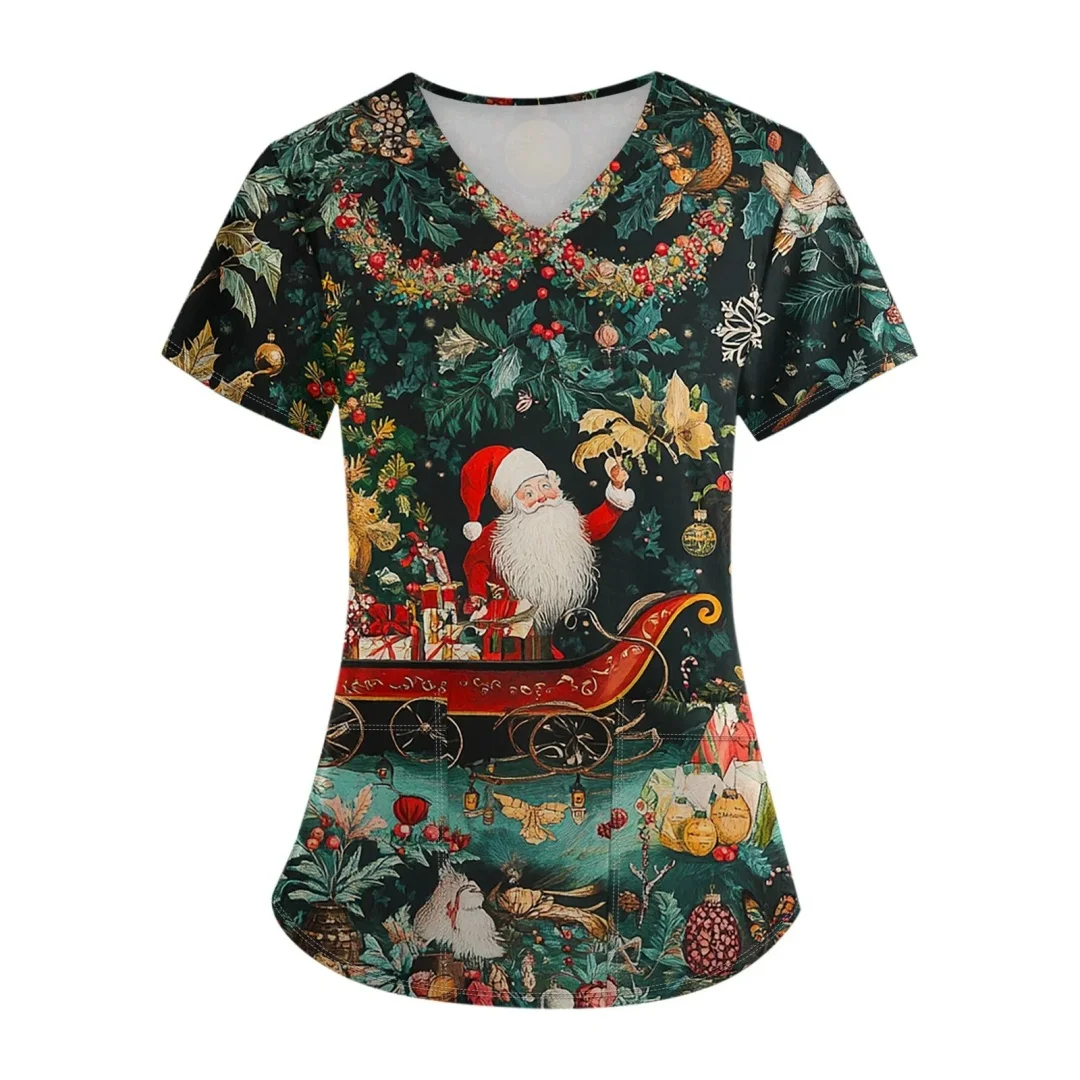 

Женская милая рождественская медицинская форма с милым принтом, дышащая эластичная ткань с v-образным вырезом и короткими рукавами, карманная медицинская форма, топ