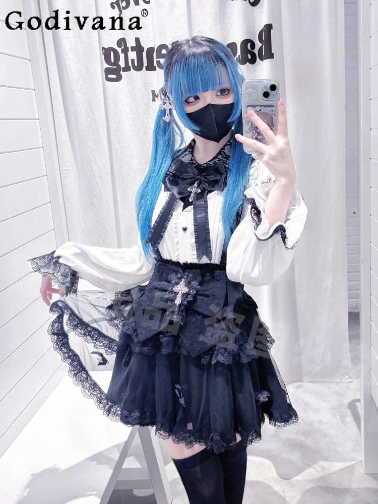 

Original Subculture Gothic Long Sleeve Shirt Skirt 2-Piece Set Autumn New Girls Sweet Cool Lace Bow Top Skirt Womens Outfits