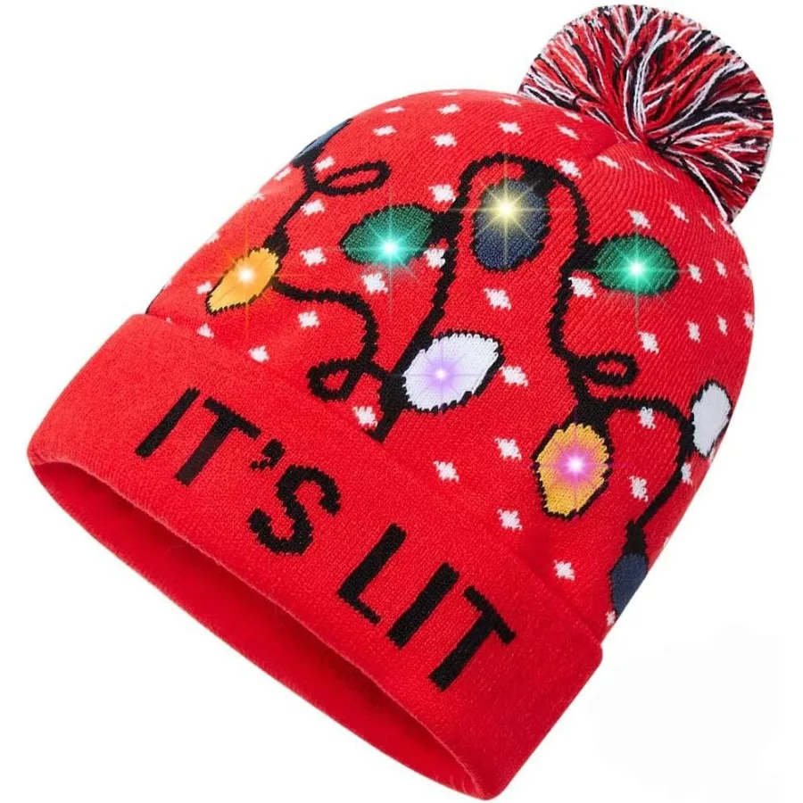 RAISEVERN Unisex Ugly LED Christmas Hat Novelty Colorful Lightup Stylish Knitted Sweater Xmas Party Beanie Cap with 6 Lights fo