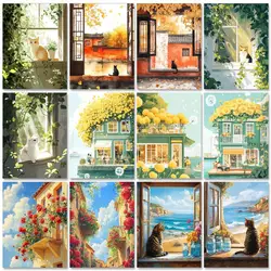 Oil Painting Package Diy Paint By Numbers Crafts For Adults Window Cats Picture Coloring Number Drawing On Canvas Home Decor