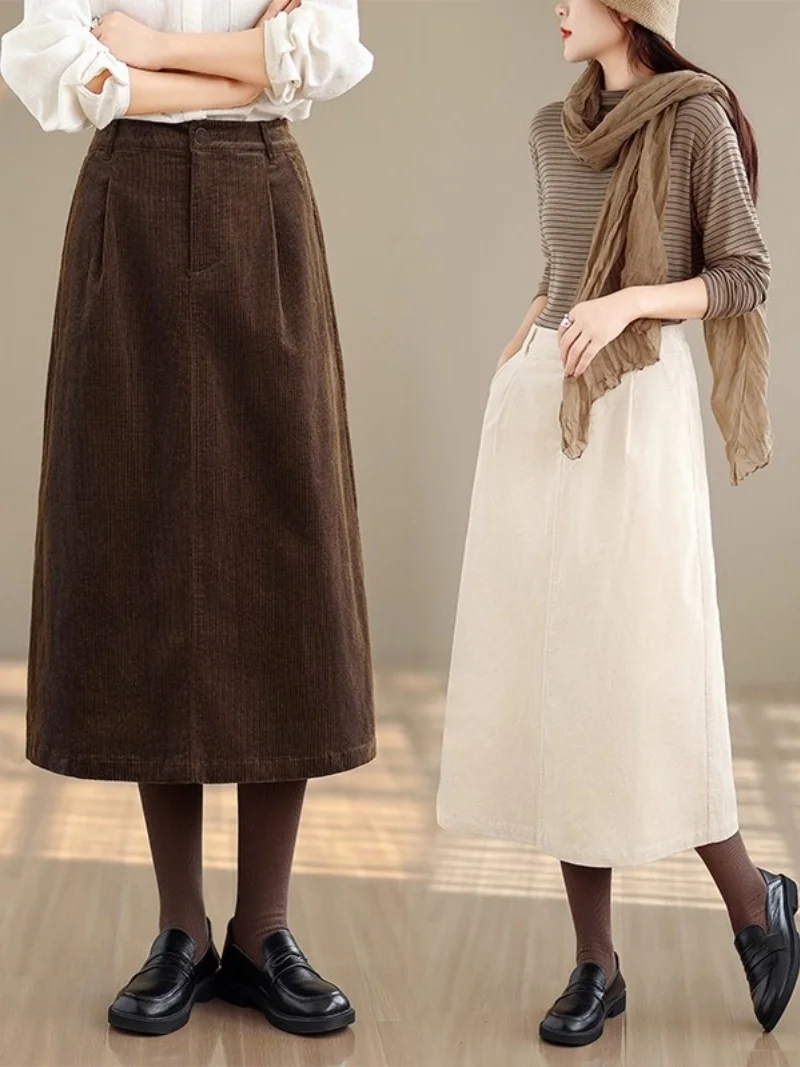 Retro Koffie Gekleurde Corduroy Midi Rok Voor Vrouwen Herfst Winter Hoge Taille Slanke Losse Temperament Veelzijdige A-lijn Rok W1209