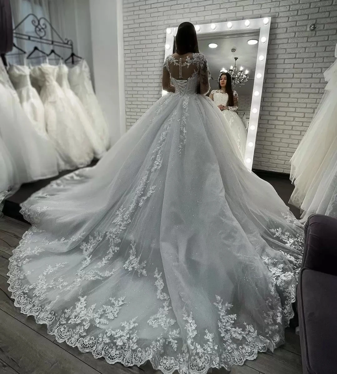 Robe de Mariée Princesse en Dentelle Florale à Manches sulfet Col Transparent, Paillettes, pour Patients, 2023