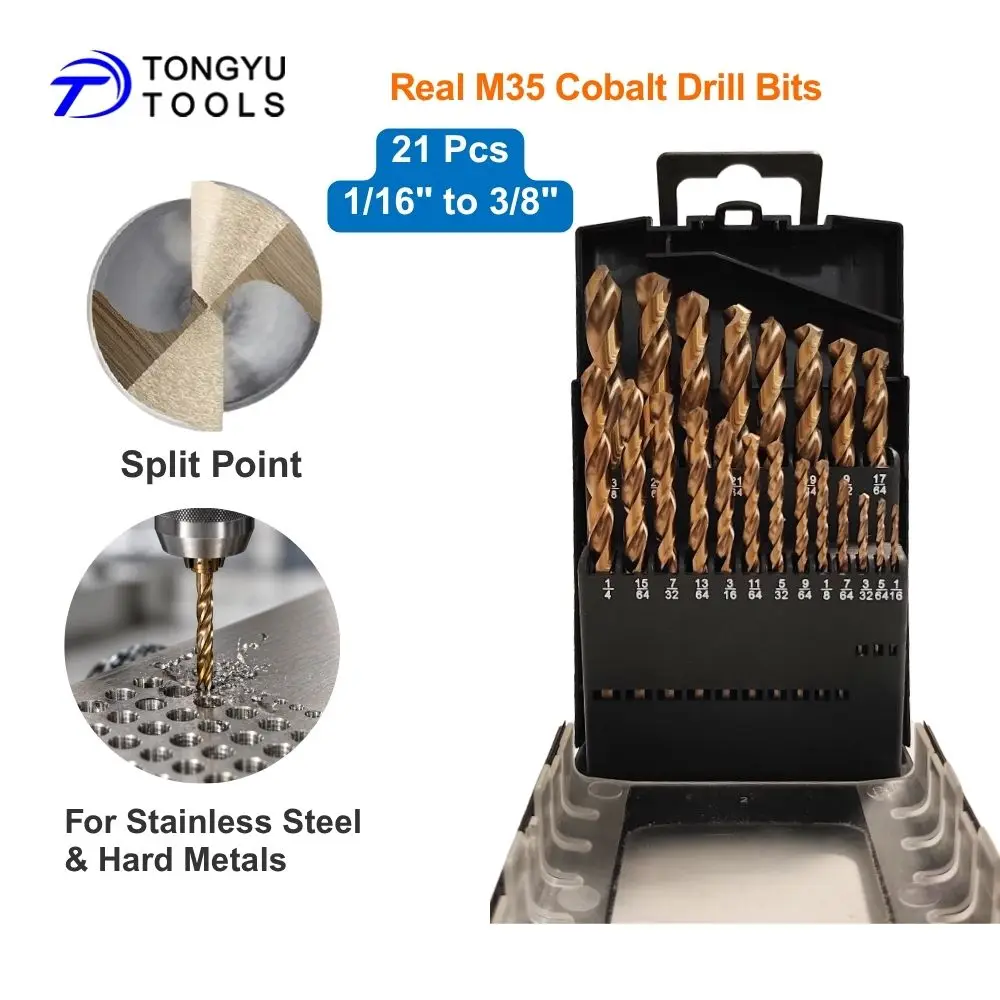 21個入り-m35-コバルトドリルビットセット-1-16-3-8インチ-ジョバー長ツイストドリルビット-ステンレス鋼、硬質金属、鋳鉄用-スプリットポイント