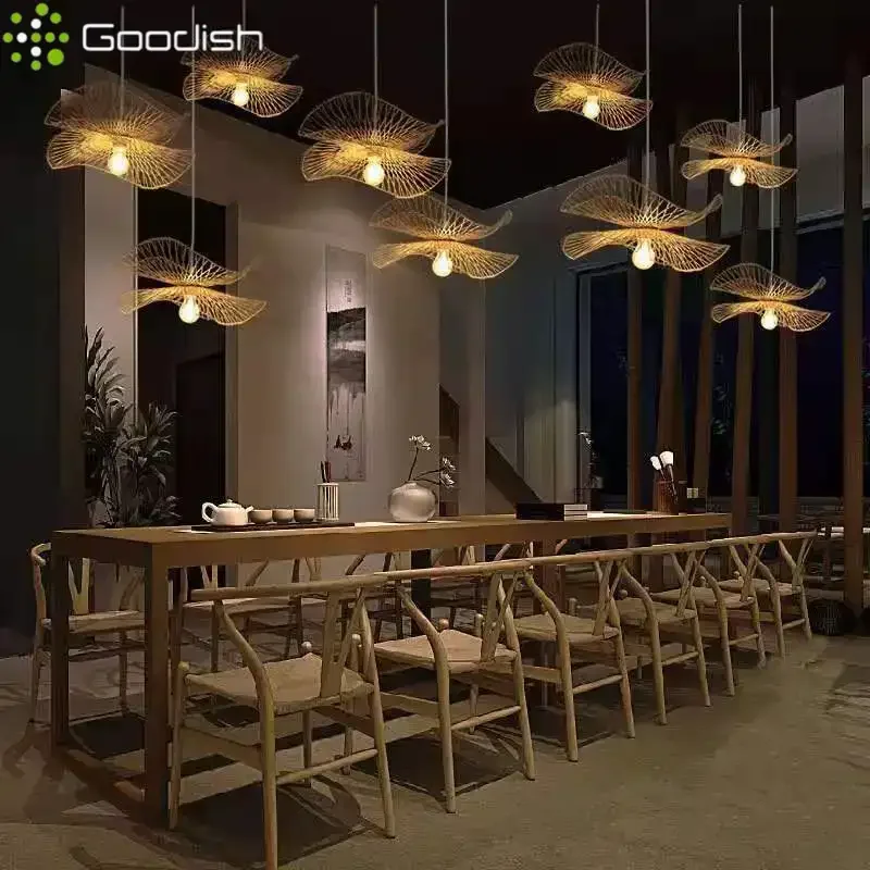 

Janpanese Wabi-sabi Lotus-leaf-shaped LED Pendant Lights Bamboo Wooden Lamps for Restaurant Staircase Home Decoration Chandelier