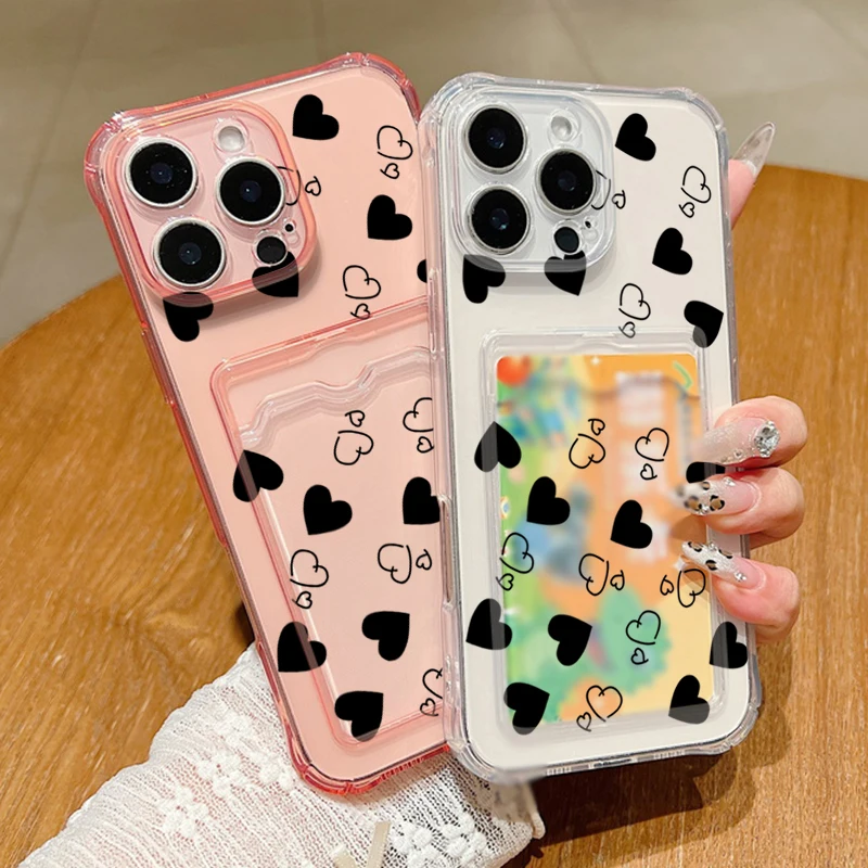 Case For iPhone 16 Pro Max Luxury Card Slot Black Love Hearts Print Clear Soft Silicone Cover For iPhone 11 12 13 14 15 Pro Max