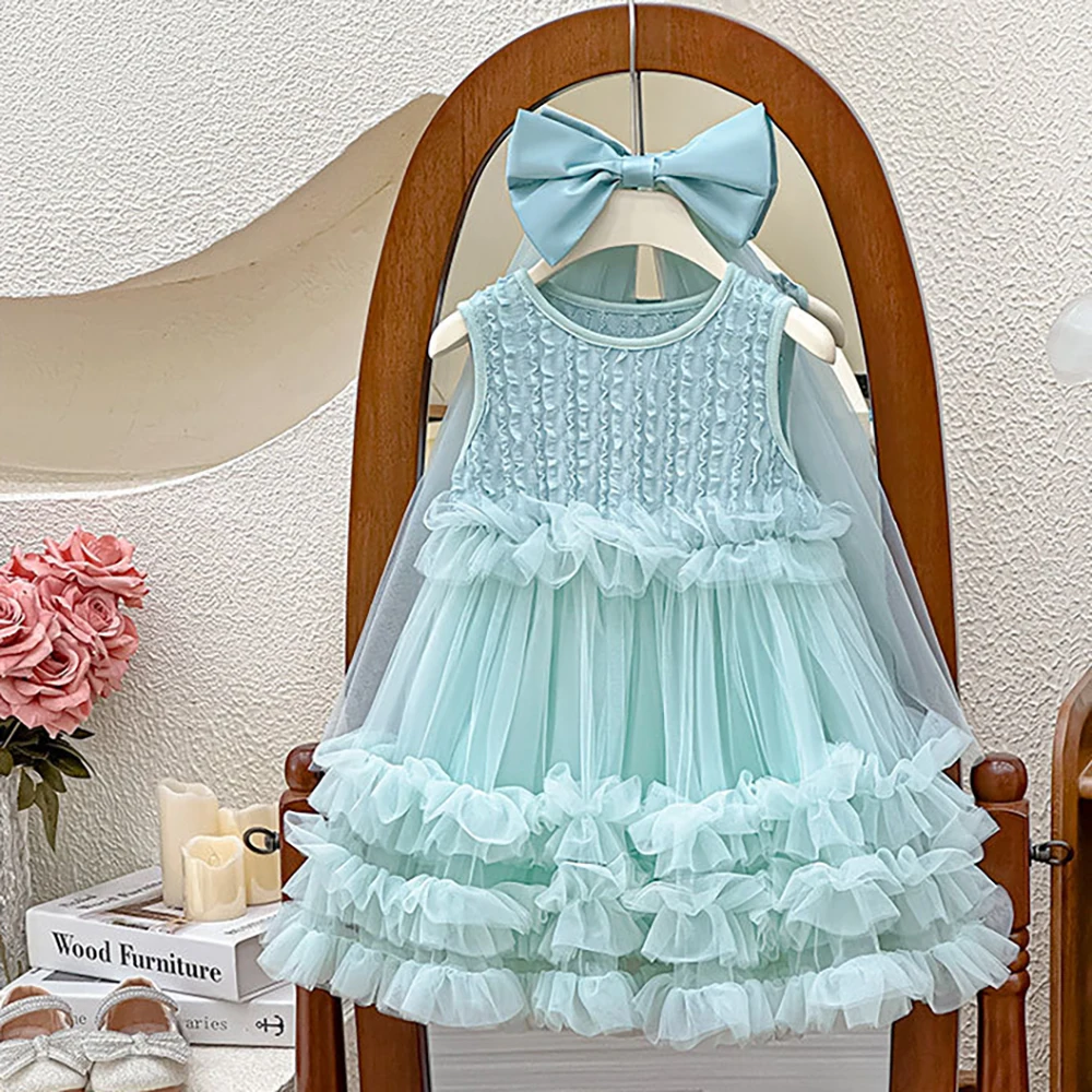 

Korean Style Sleeveless Princess Tutu Dress With Bow Headdress For Baby Girl 3-8Y Children Clothes Girl For Birthday Party Night