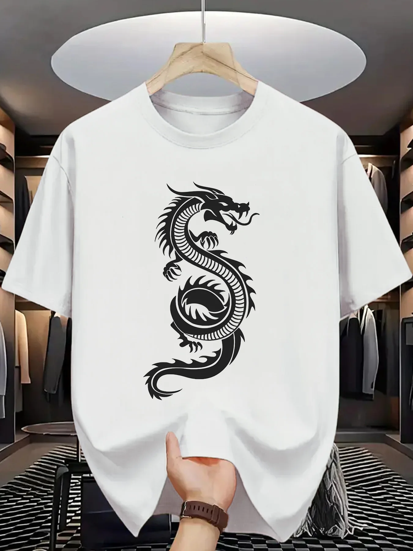 T-shirt à manches courtes pour hommes, imprimé Dragon chinois, Silhouette de Dragon Oriental, col rond, créature mythique, mode streetwear pour hommes