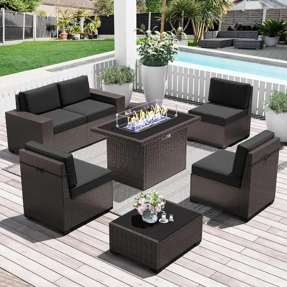 

Outdoor Patio Furniture 7 Piec Set with 44" Fire Pit Table Rattan Sectional Sofa Conversation Sets, Outdoor Furniture Set